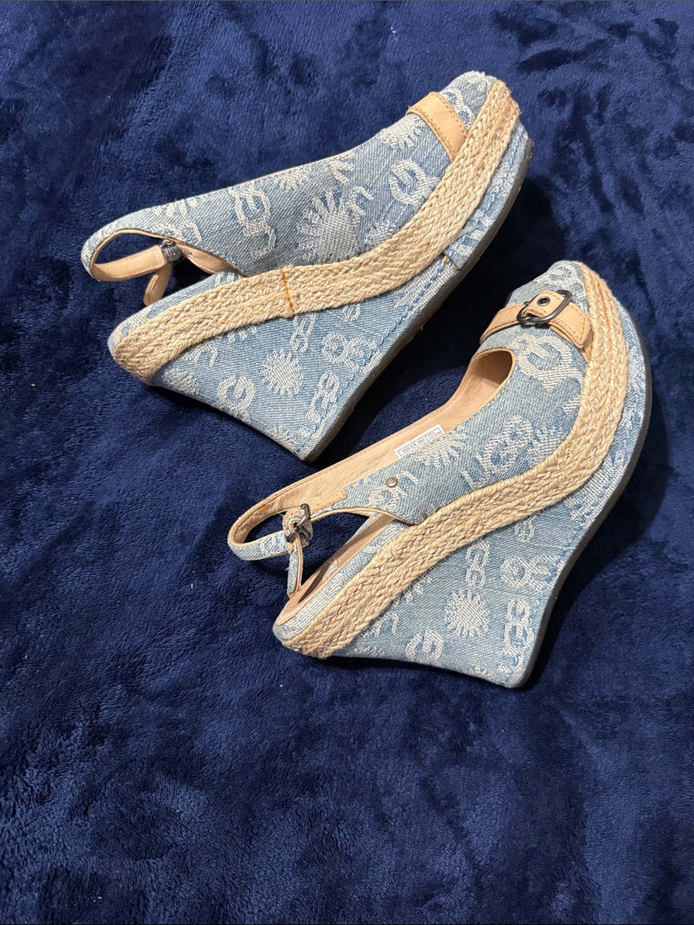 UGG Light Blue Denim Espadrille Wedge Slingbacks with Tan Trim
